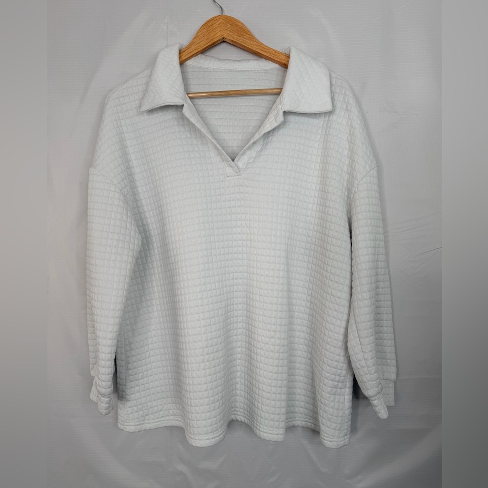 SHEIN Curve White Waffle Knit Collared Pullover Long Sleeve‎ Plus 1XL